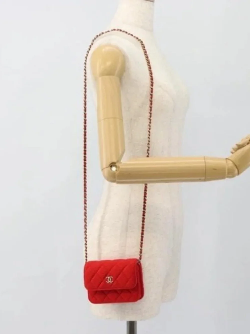 CHANEL Chain Mini Matelasse 12 Shoulder Bag Cotton Red Gold CC Auth 182786SM